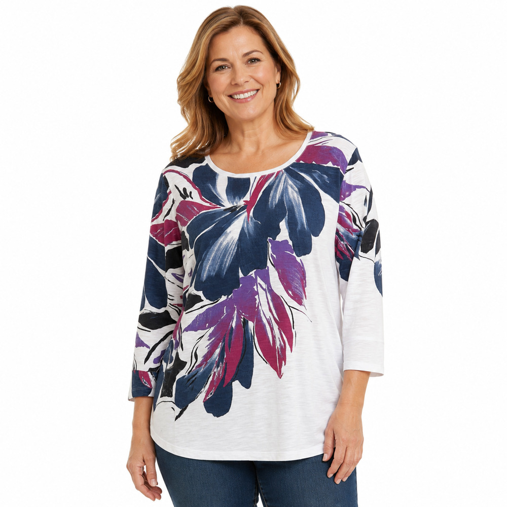 Chicos Cotton Blend Blue Purple Floral Knit Pullover Top Shirt 3/4 Sleeves 2 / L